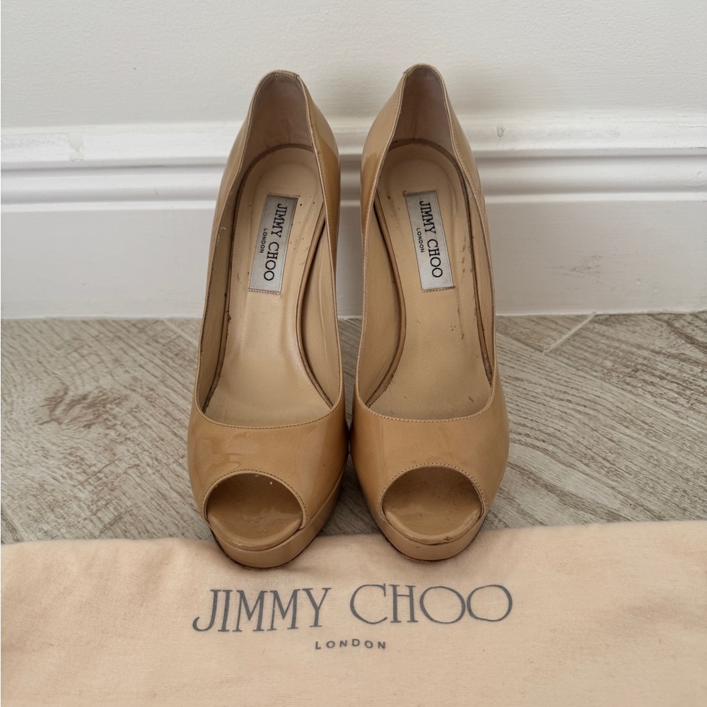 Jimmy Choo Tan Stiletto Heels Peep-Toe